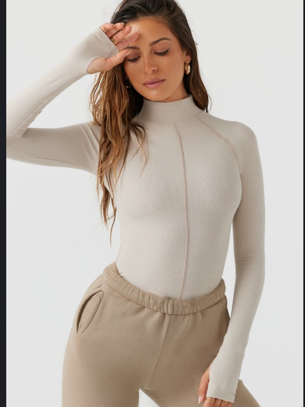 Joah Brown Ribbed Mock Neck Long-Sleeve Top